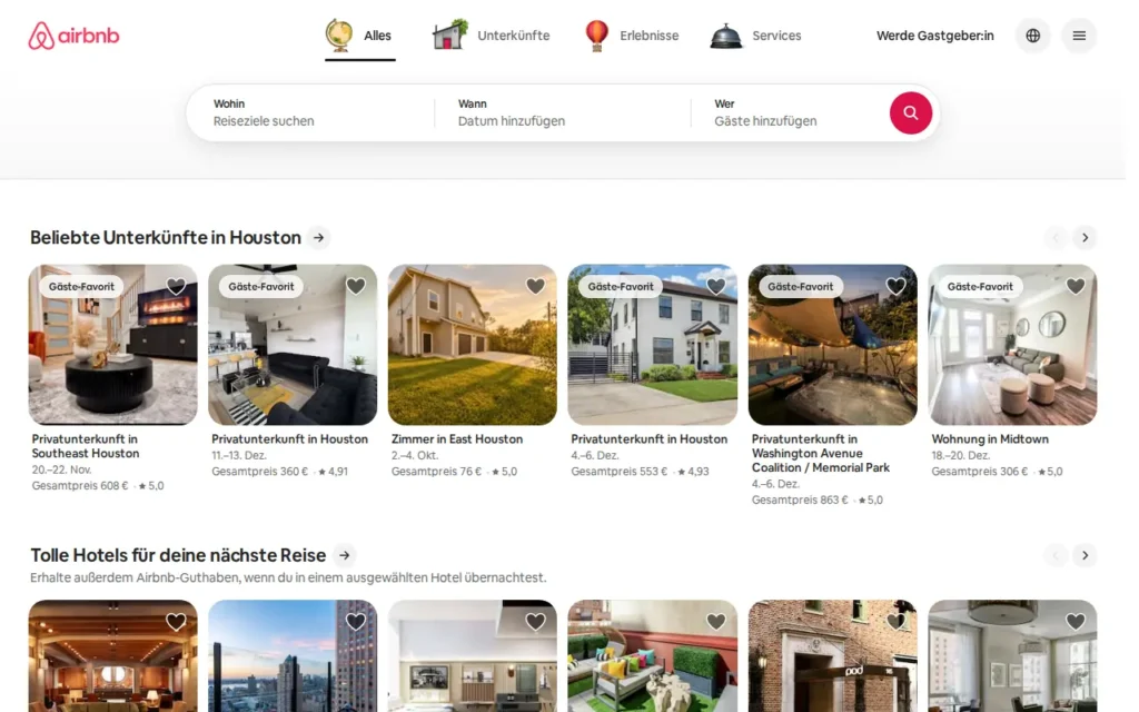 Startseite von Airbnb