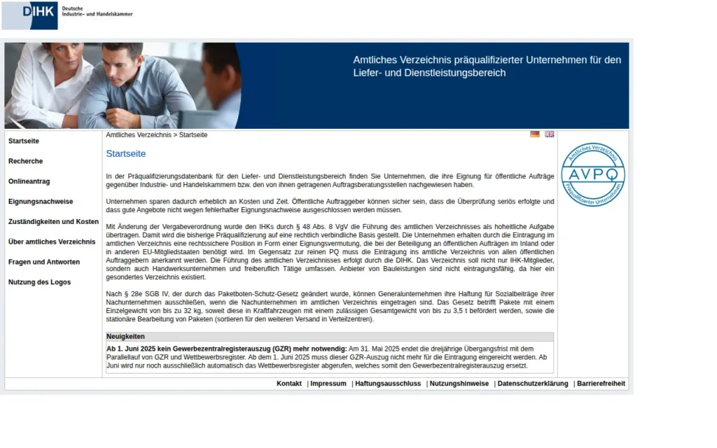 Startseite von Amtliches Verzeichnis präqualifizierter Unternehmen (AVPQ)