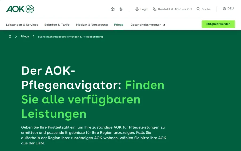 Startseite von AOK-Pflegenavigator