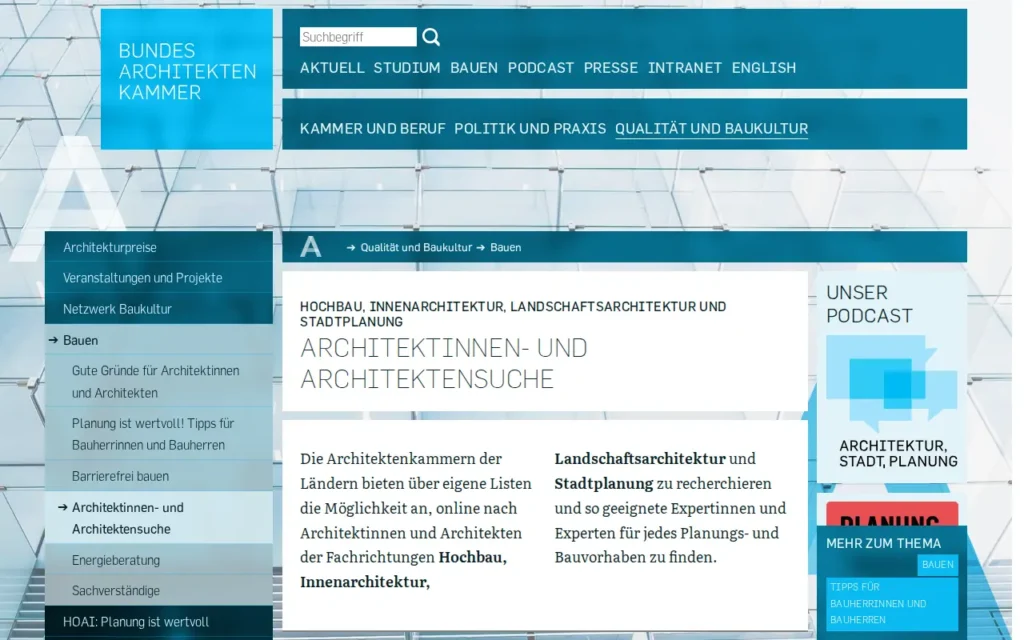 Startseite von Architektensuche der Architektenkammern (Beispiel Bayern)