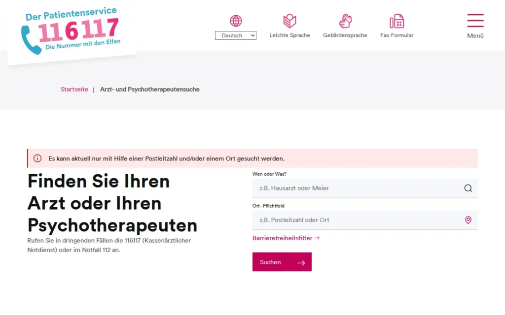 Startseite von Arzt- und Psychotherapeutensuche 116117 (KBV)
