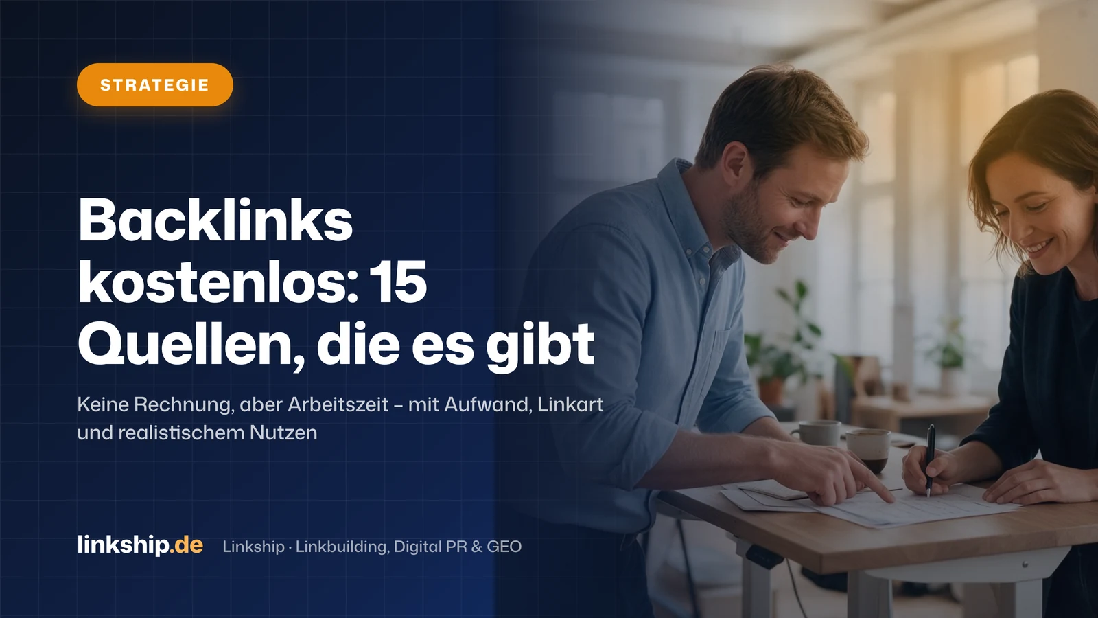 Titelkarte: Backlinks kostenlos: 15 Quellen, die es gibt – Strategie, Linkship