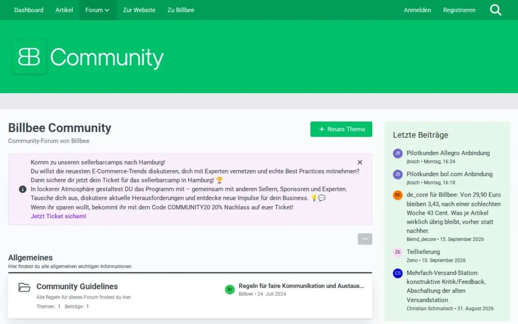 Startseite von Billbee Community