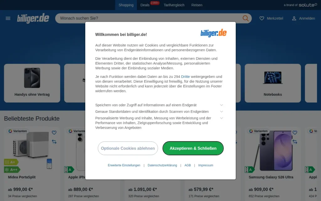 Startseite von billiger.de