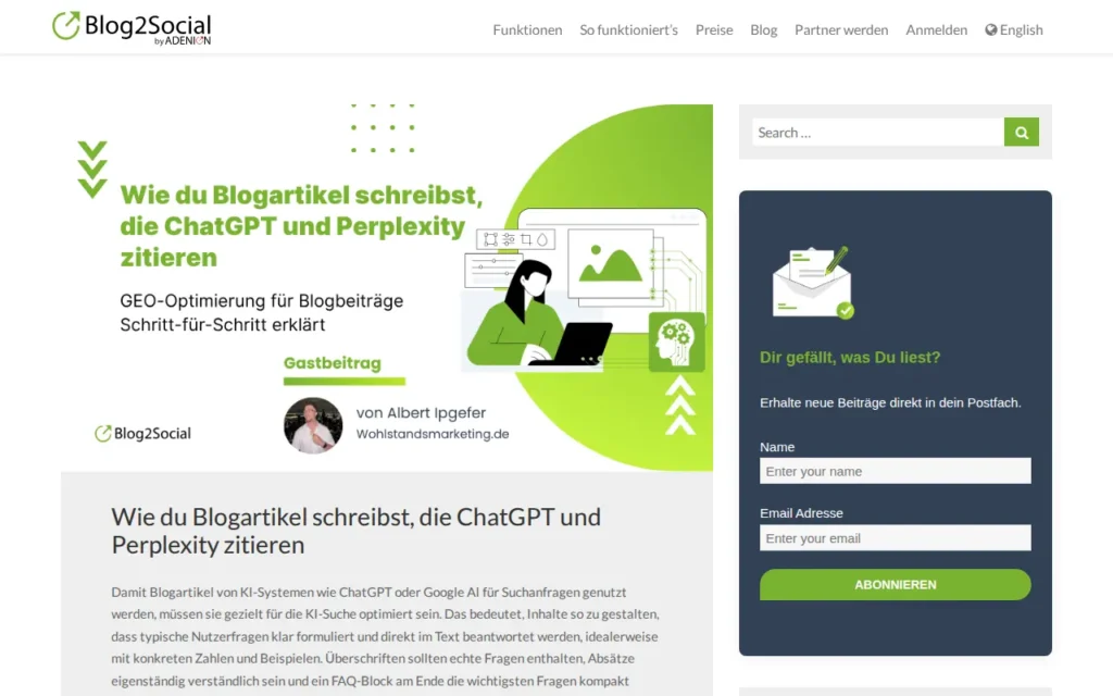 Startseite von Blog2Social Blog