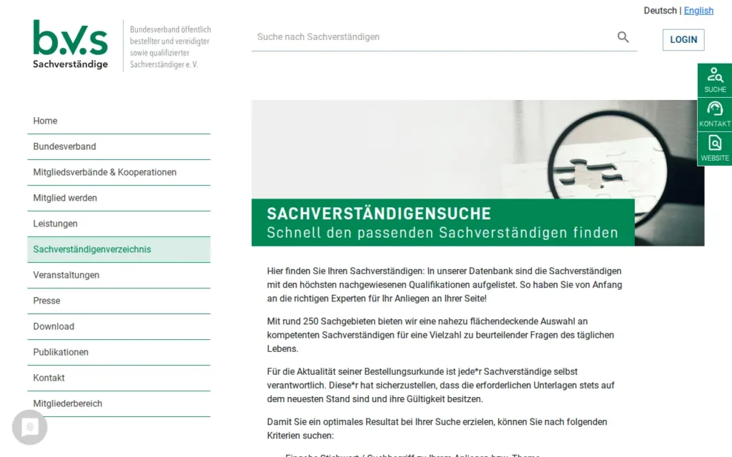 Startseite von BVS Sachverständigensuche