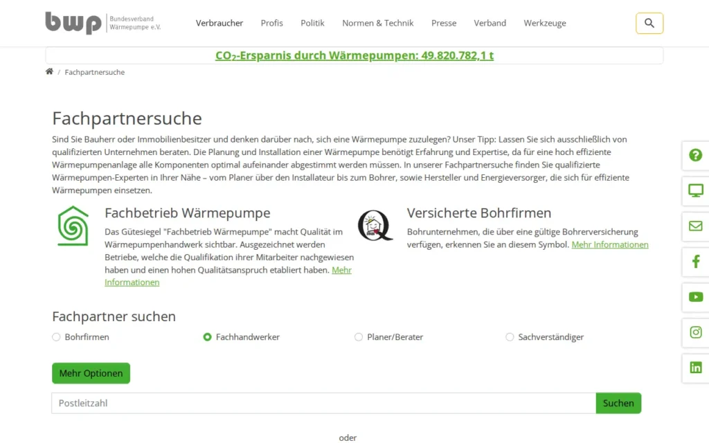 Startseite von BWP Fachpartnersuche (waermepumpe.de)