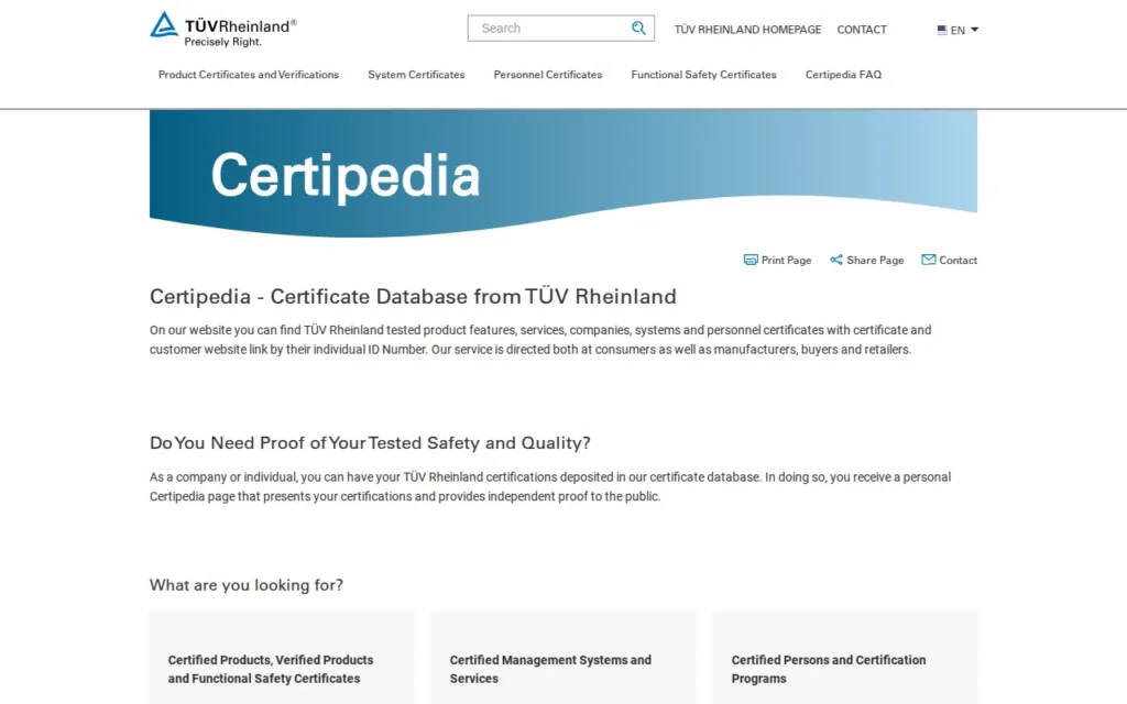 Startseite von Certipedia (TÜV Rheinland)