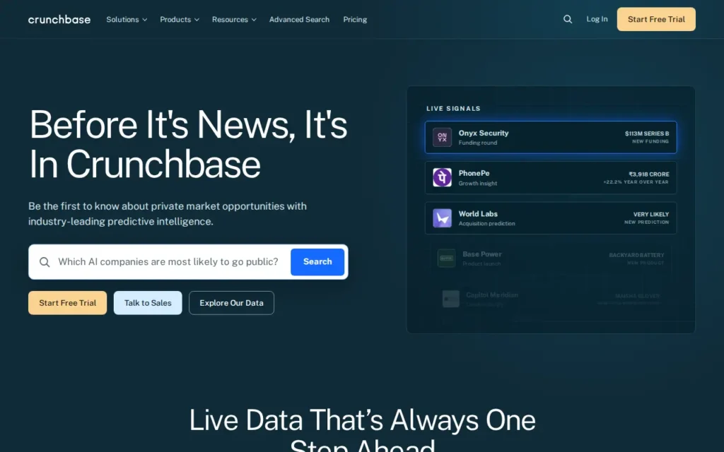 Startseite von Crunchbase