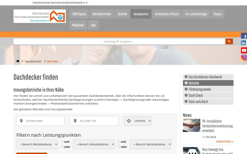 Startseite von Dachdecker finden (ZVDH)