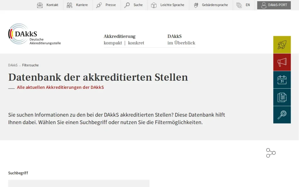Startseite von DAkkS Datenbank akkreditierter Stellen