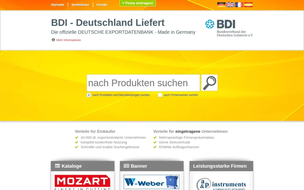 Startseite von BDI – Deutschland liefert (Deutsche Exportdatenbank)