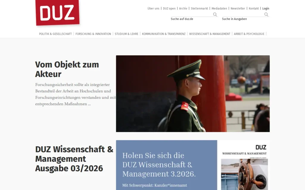 Startseite von DUZ – Magazin für Wissenschaft und Gesellschaft