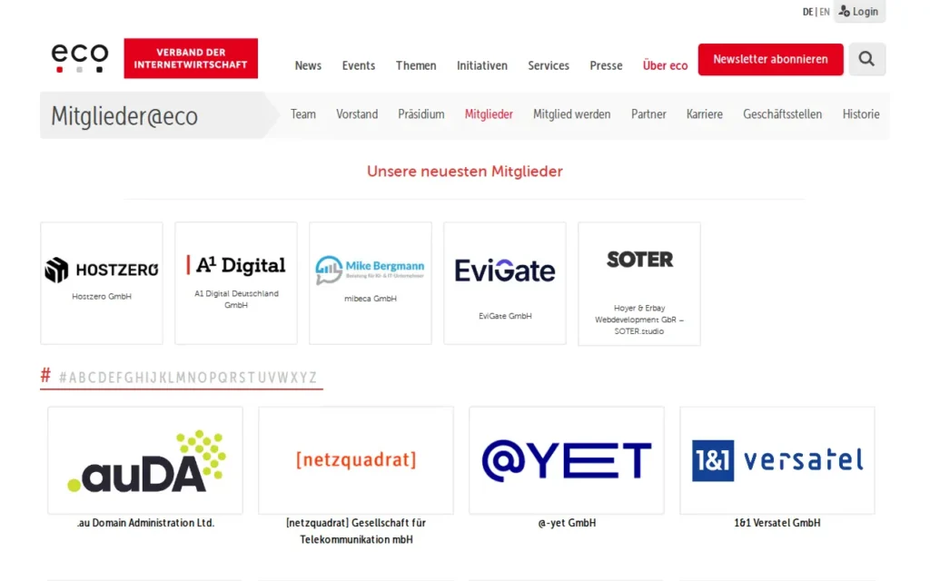 Startseite von eco Mitgliederliste