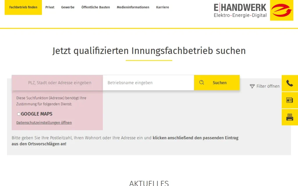 Startseite von E-Handwerk Fachbetriebssuche