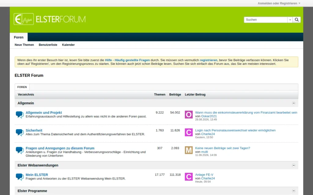 Startseite von ELSTER Anwender Forum