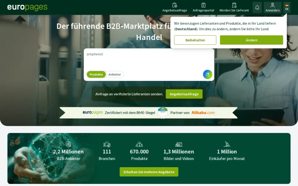 Startseite von europages