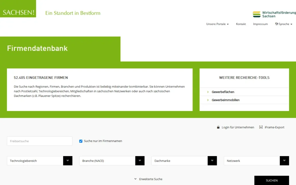 Startseite von Firmendatenbank Wirtschaftsförderung Sachsen