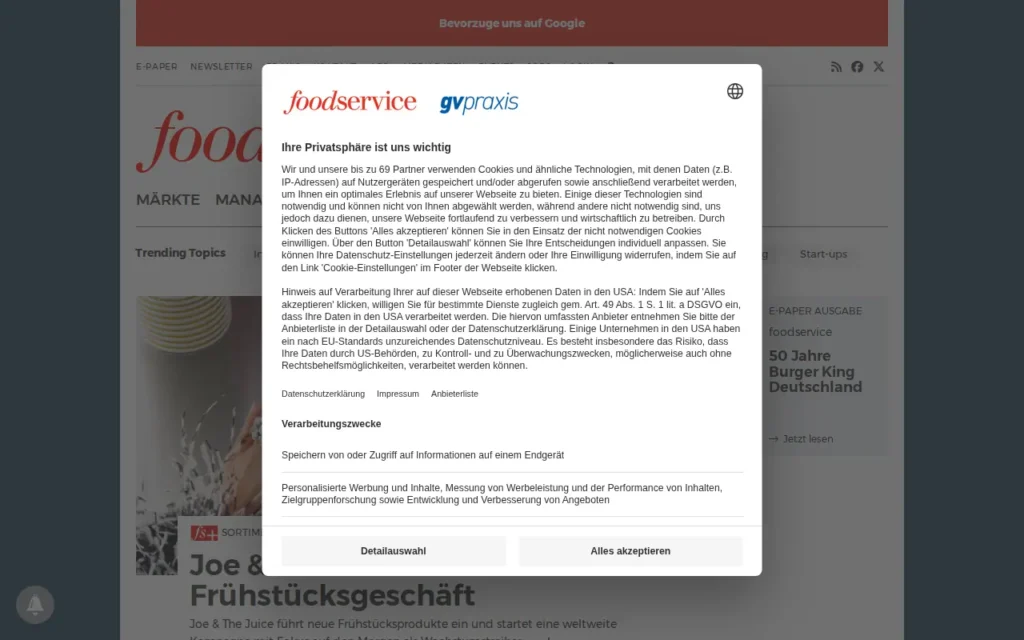 Startseite von food service