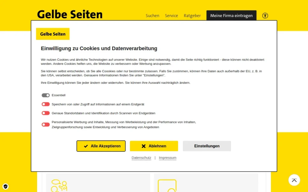 Startseite von Gelbe Seiten