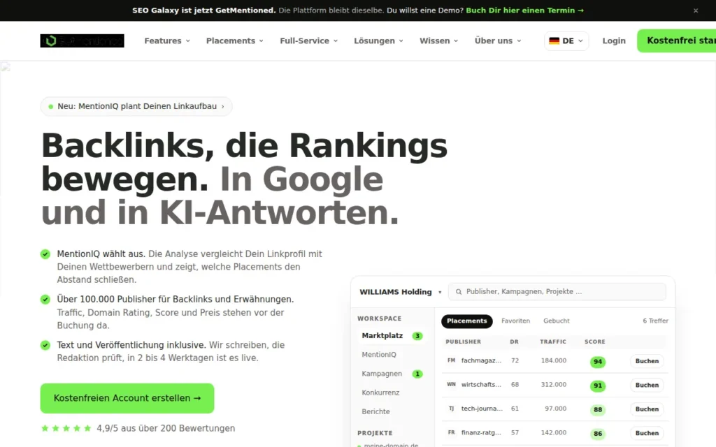 Startseite von GetMentioned (SEO Galaxy GmbH)