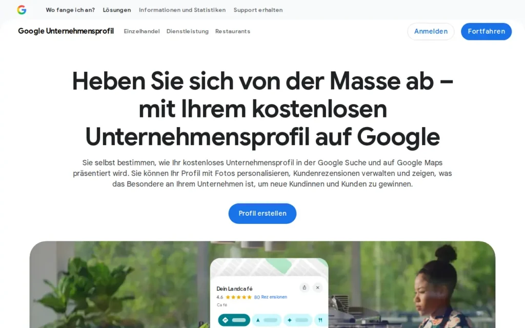 Startseite von Google Unternehmensprofil