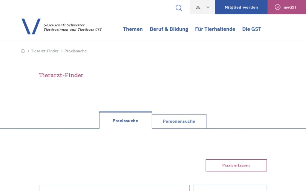 Startseite von GST Tierarzt-Finder (Gesellschaft Schweizer Tierärztinnen und Tierärzte)
