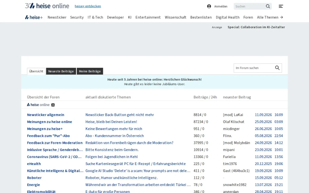 Startseite von heise online Forum