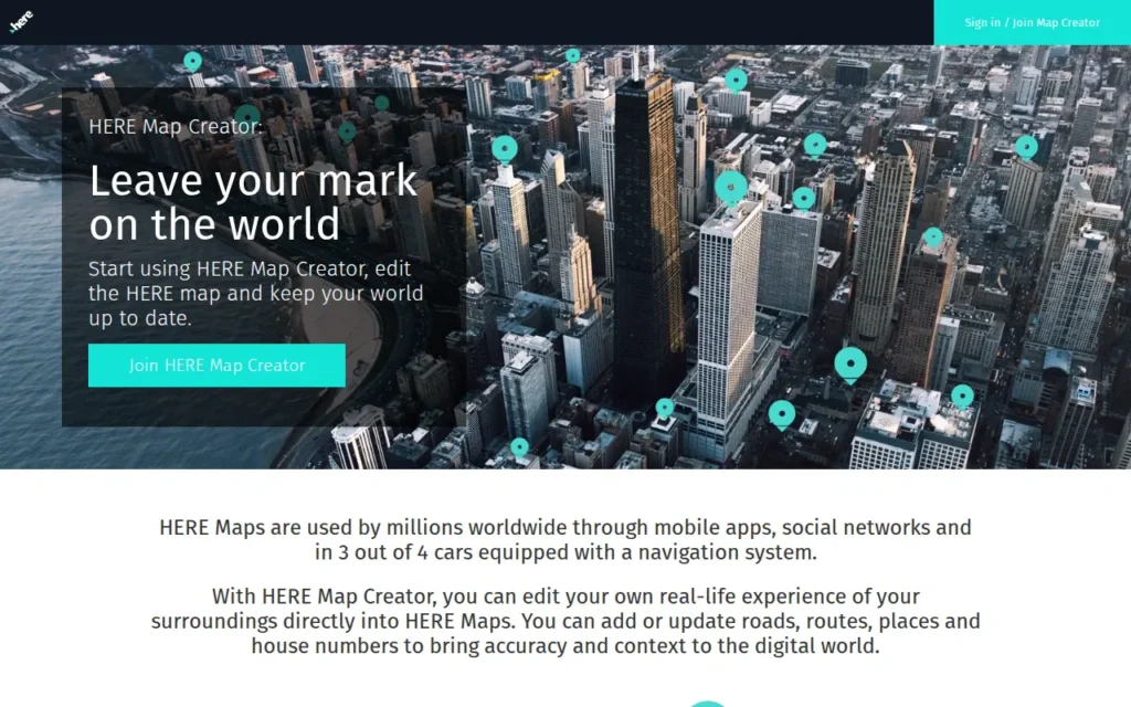 Startseite von HERE WeGo / HERE Map Creator