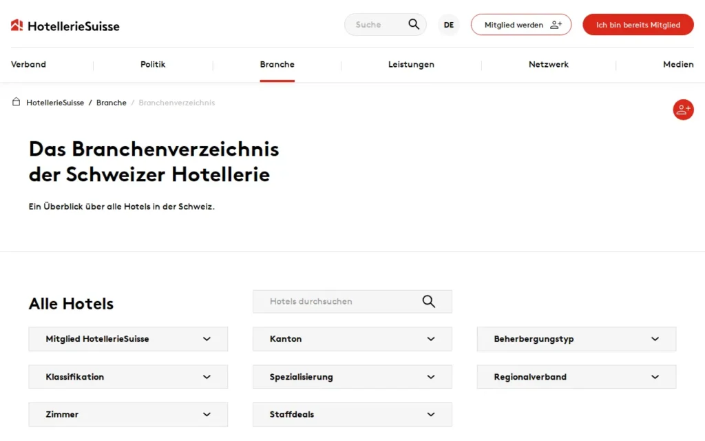 Startseite von HotellerieSuisse Branchenverzeichnis