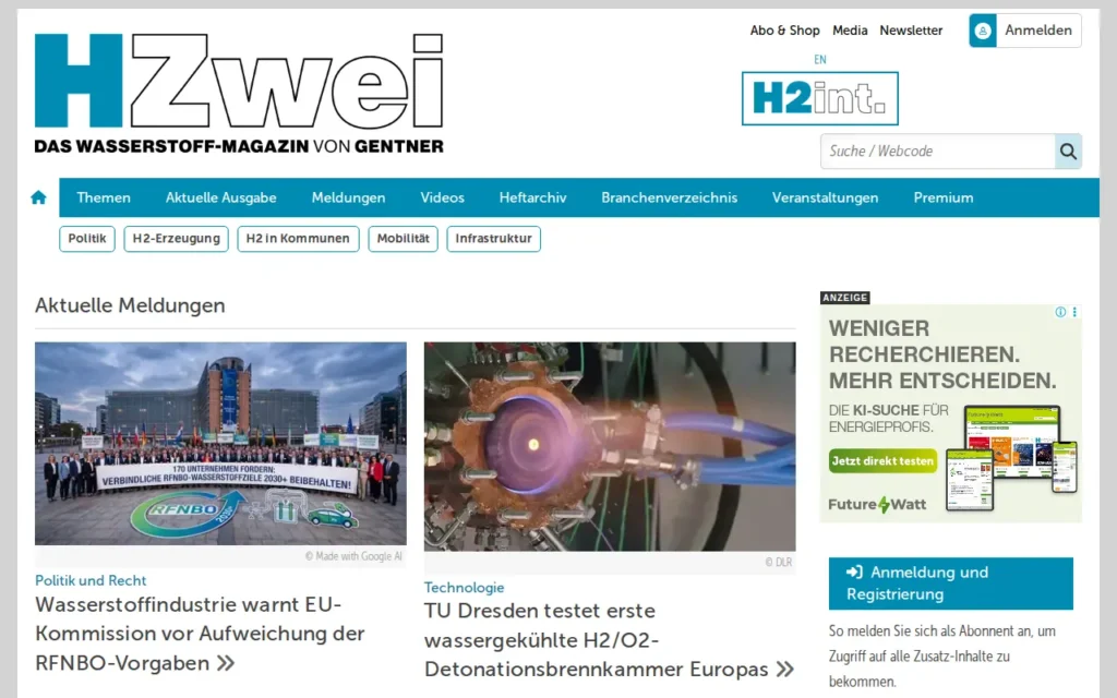 Startseite von HZwei – Das Wasserstoff-Magazin