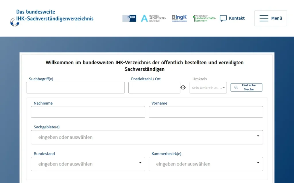 Startseite von Bundesweites Sachverständigenverzeichnis (IHK-SVV)