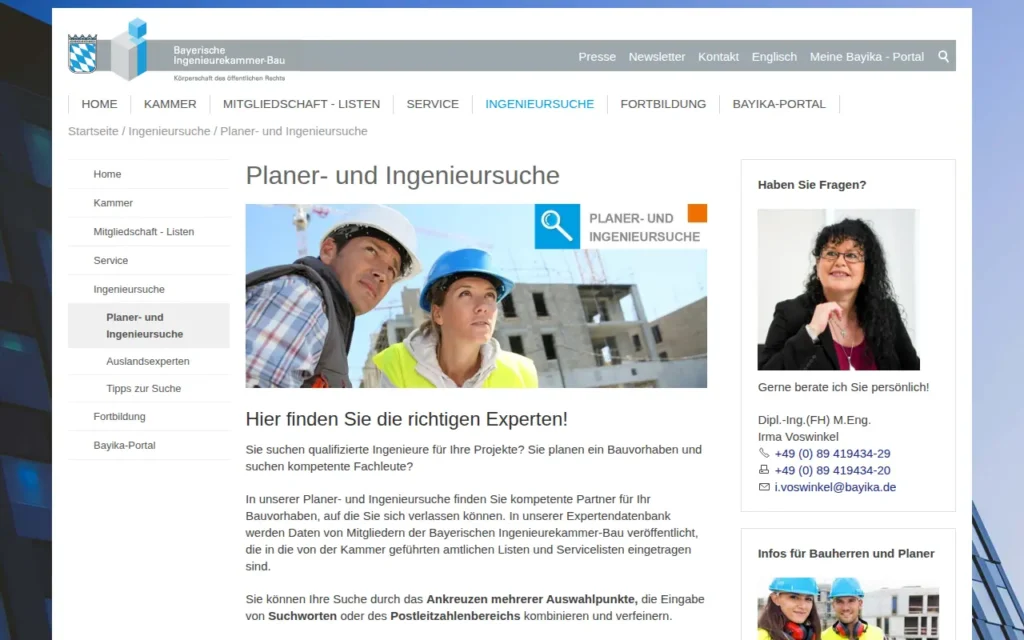 Startseite von Planer- und Ingenieursuche der Ingenieurkammern (Beispiel Bayern)