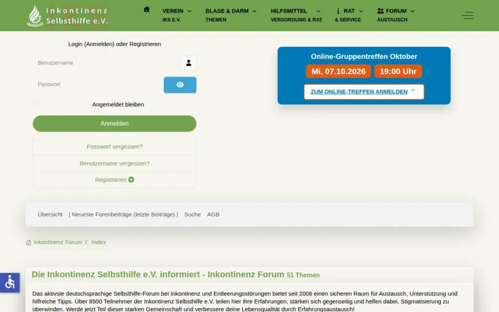 Startseite von Inkontinenz Selbsthilfe Forum