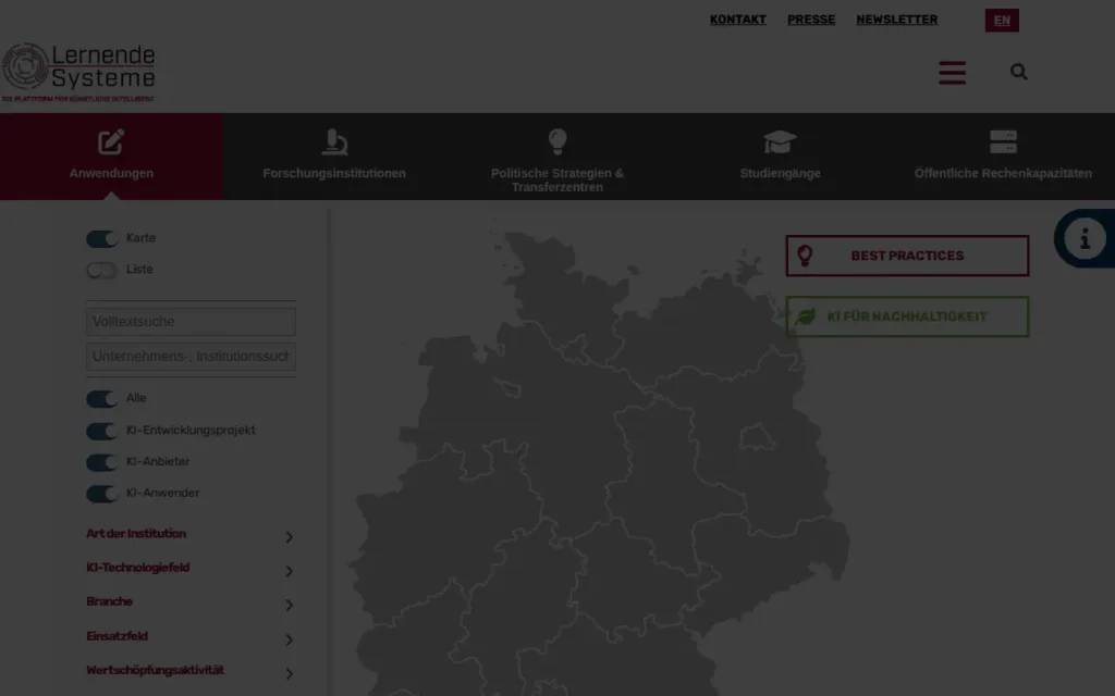 Startseite von KI-Landkarte (Plattform Lernende Systeme)