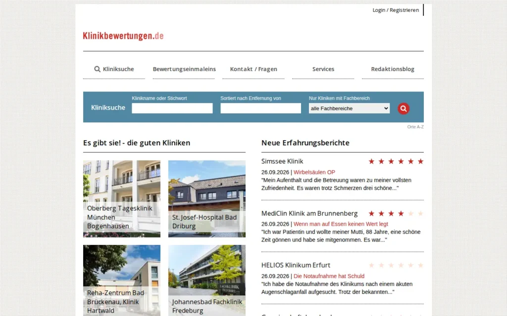 Startseite von Klinikbewertungen.de