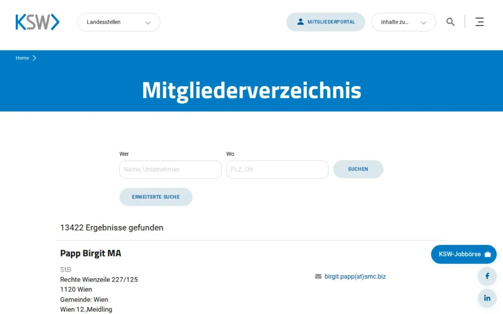Startseite von KSW-Mitgliederverzeichnis (Steuerberater und Wirtschaftsprüfer)