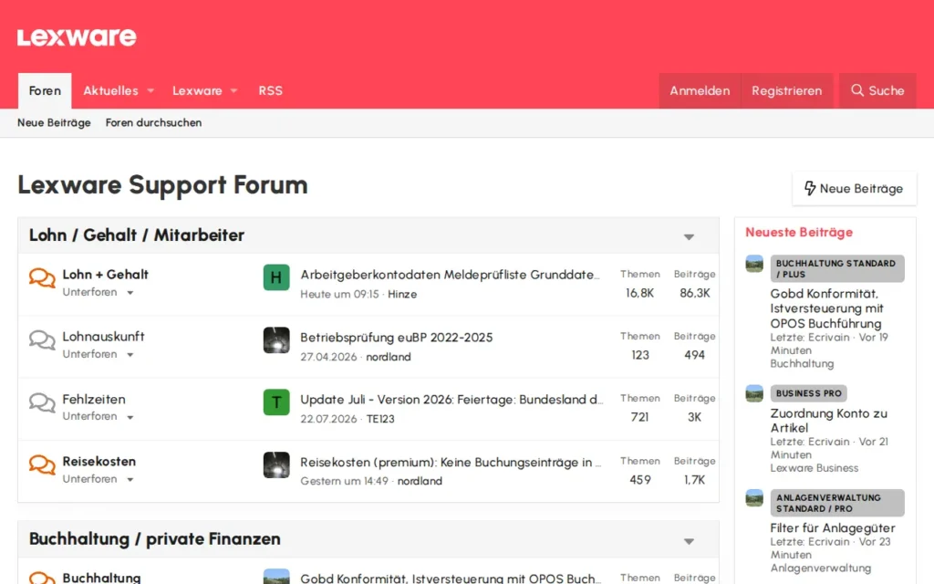 Startseite von Lexware Support Forum