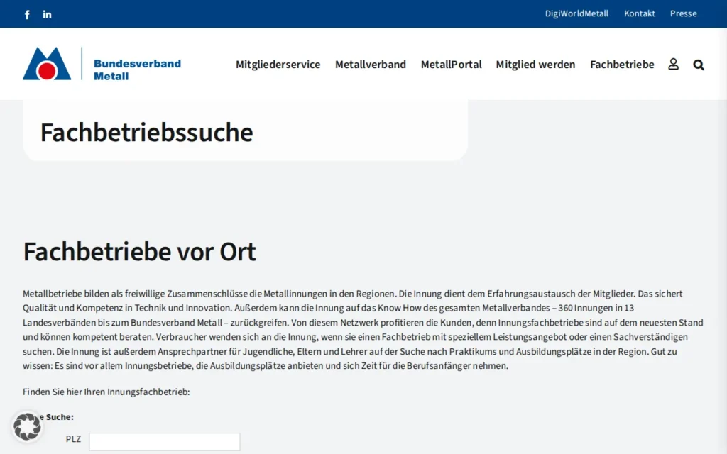 Startseite von Metallhandwerk Fachbetriebssuche
