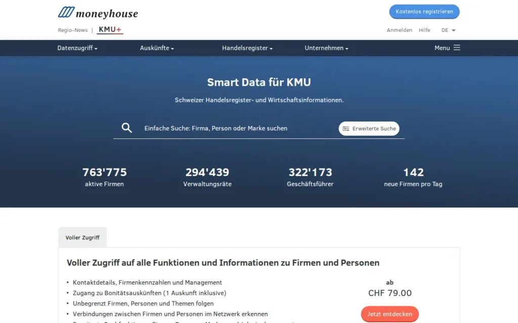 Startseite von Moneyhouse