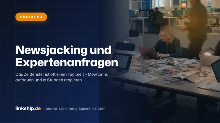 Titelkarte: Newsjacking und Expertenanfragen – Digital PR, Linkship