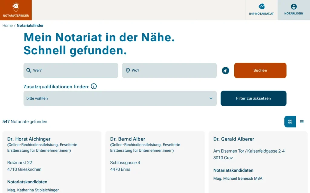 Startseite von Notariatsfinder der Österreichischen Notariatskammer