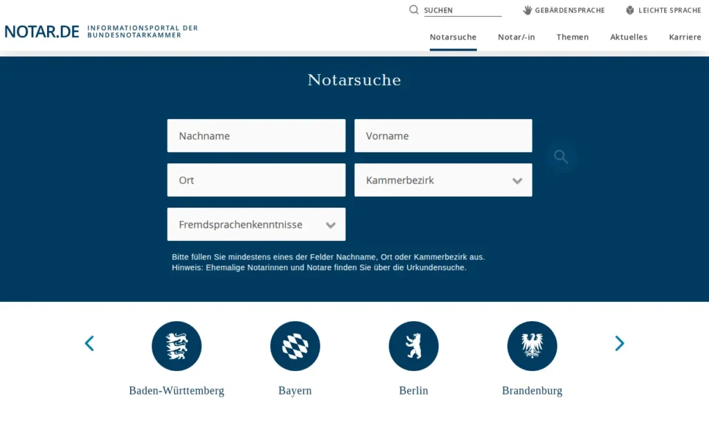 Startseite von Notarsuche (notar.de)