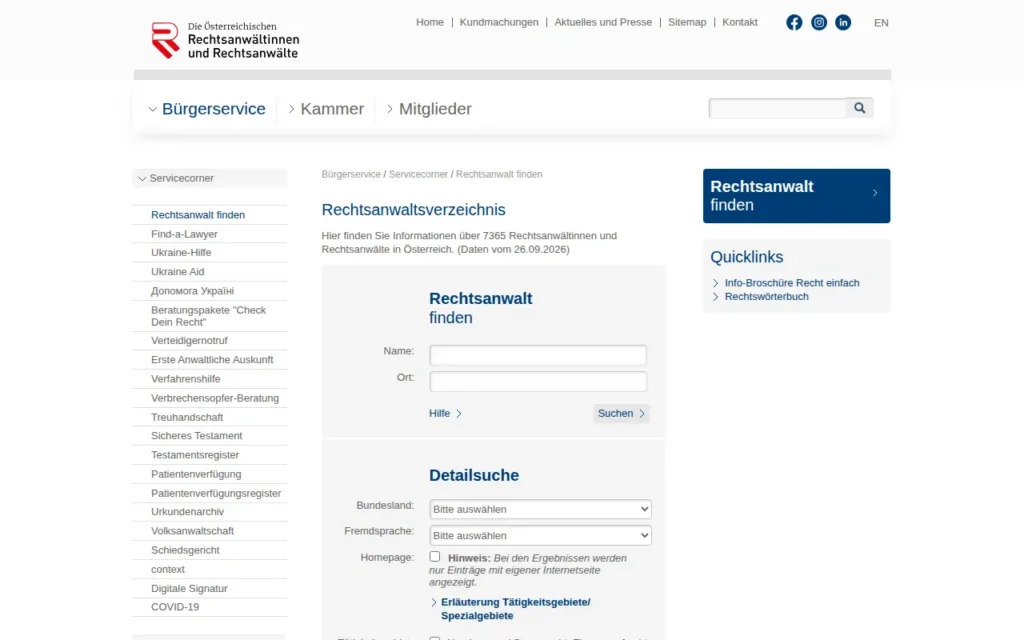 Startseite von Rechtsanwaltsverzeichnis des ÖRAK