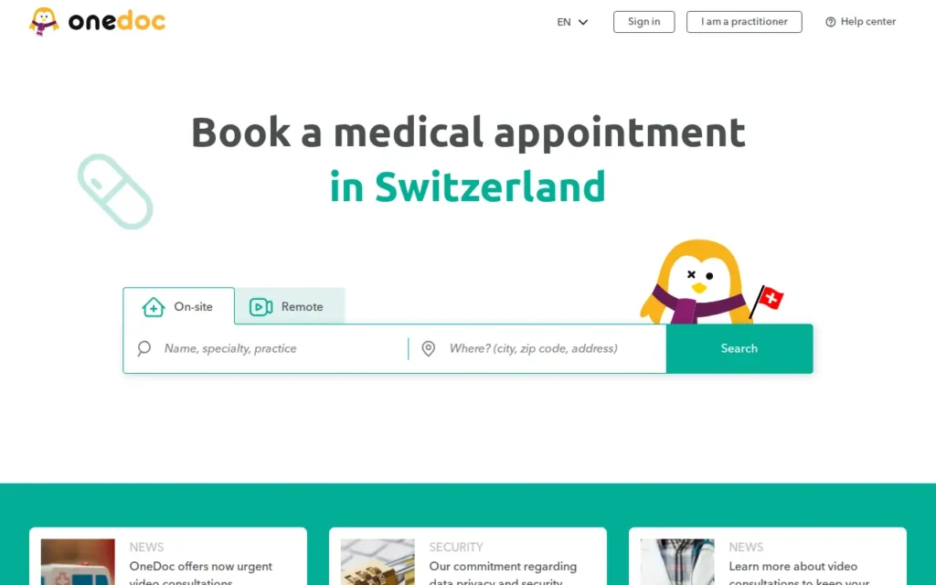 Startseite von OneDoc (inkl. Medicosearch)
