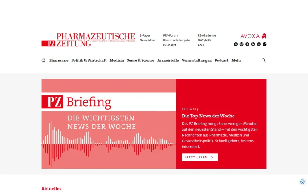 Startseite von Pharmazeutische Zeitung