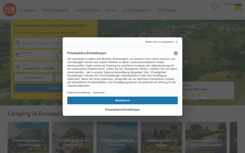Startseite von PiNCAMP by ADAC
