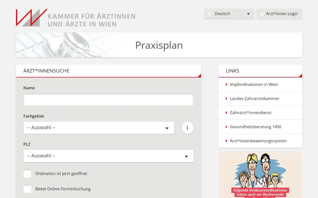 Startseite von praxisplan.at (Ärztekammer für Wien) und Ärztesuchen der Landesärztekammern
