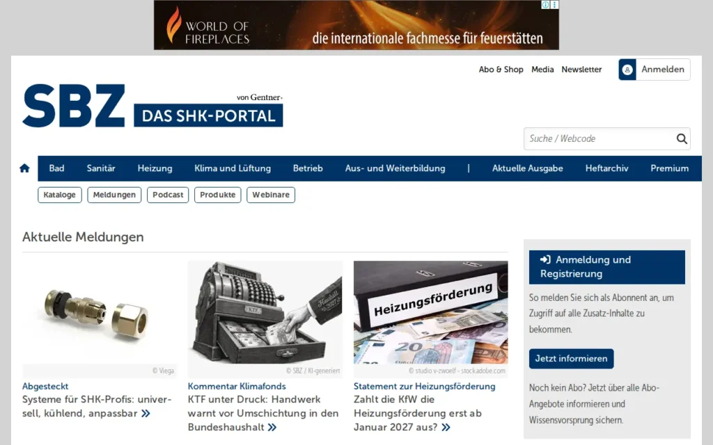 Startseite von SBZ – Das SHK-Magazin