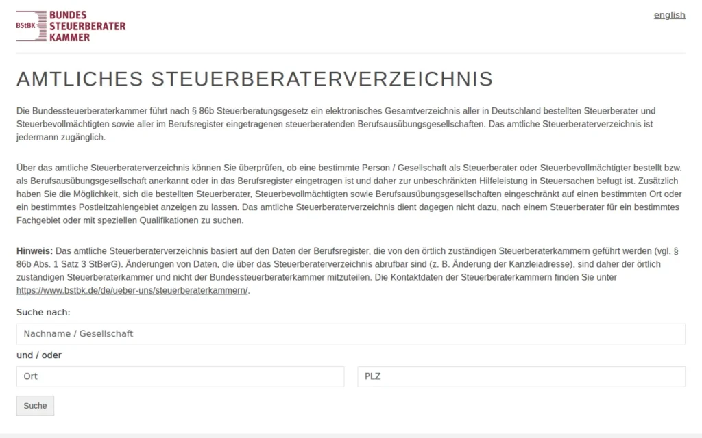 Startseite von Amtliches Steuerberaterverzeichnis (BStBK)